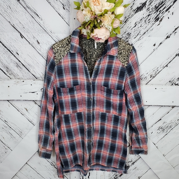 Free People Tops - Free People Sequined Flannel Shirt S